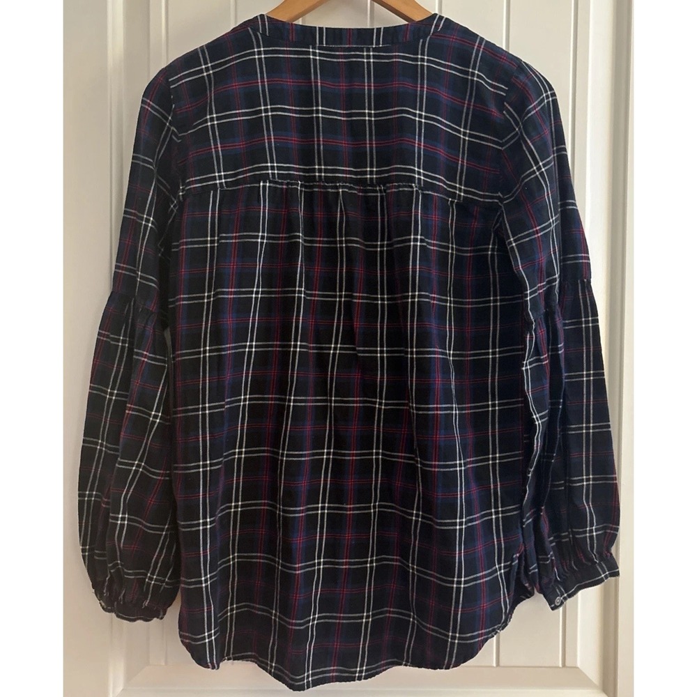 LOFT Plaid Flannel Peasant Blouse Small Navy Red Check Long Sleeve Holiday Top - Picture 4 of 6